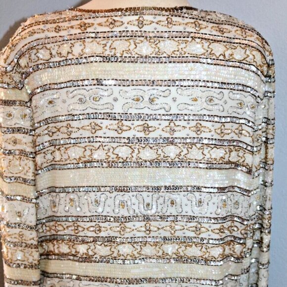 80s Evening Jacket Beads Sequins 100% Silk Ivory Gold Women's - Picture 7 of 16
